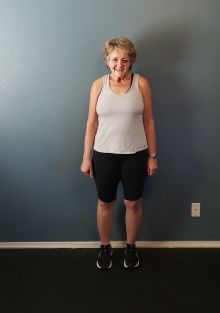 Shari, after picture 75lbs lighter looking much more fit and healthy, front view.